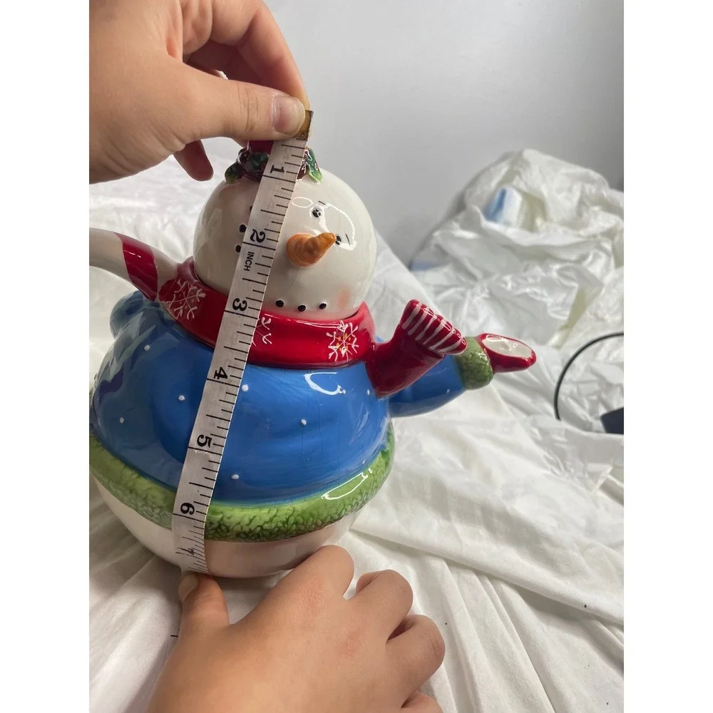 Adorable Snowman Teapot Candy Cane Handle Christmas Holiday Kitchen Decor